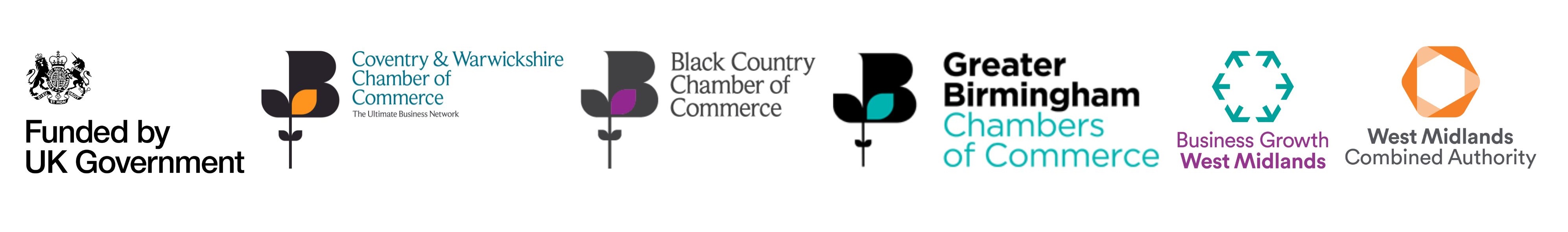 Row of Logos L-R: Funded by Government, Coventry and Warwickshire chamber, black country chamber, Greater Birmingham chamber, Business growth west midlands, west midlands combined authority